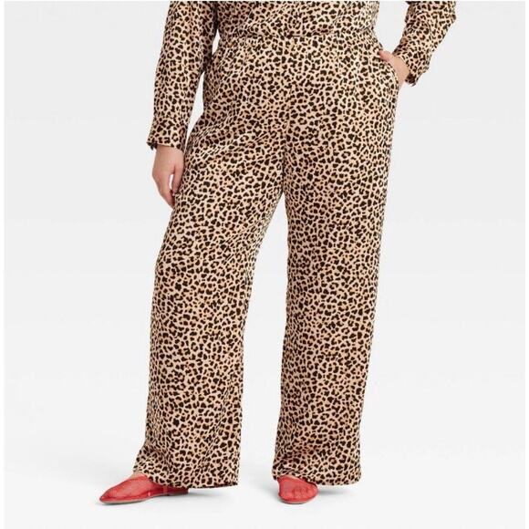 Women's Mid-Rise Straight Leg Satin Pull-On Pants - A New Day Leopard Print 1XR - Picture 1 of 5